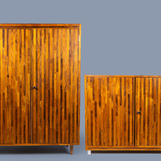 A two-part solid wood cabinet, Belgium, last quarter of the 20th C.
