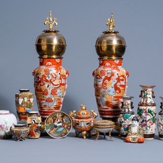 A varied collection of Chinese Nanking crackle glazed famille rose and Japanese Satsuma porcelain, 19th/20th C.