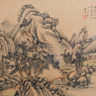 Chinese school, ink and colours on silk, 20th C.: A mountain landscape