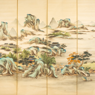 Chinese school, ink and colours on silk, 20th C.: A four-part river landscape