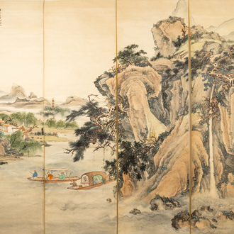 Chinese school, ink and colours on silk, 20th C.: A four-part continuous landscape with a waterfall