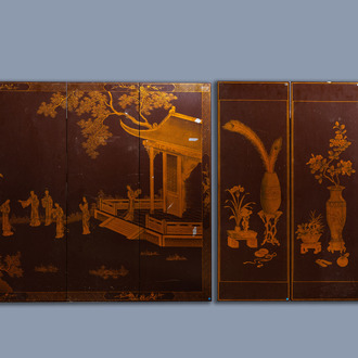 A set of four lacquered panels with ladies in a garden and a set of three panels with antiquities, China, 20th C.