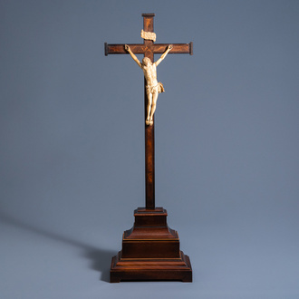 An inlaid wooden cross with a carved ivory Corpus Christi, Flanders or France, 19th C.