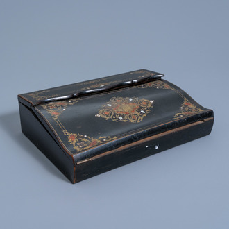 A French Historicism copper, tortoiseshell and mother-of-pearl inlaid writing slope with purple velvet writing surface, 19th C.