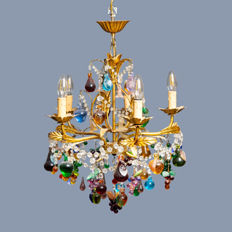 An Italian Murano glass fruit gilt five-light chandelier, 20th C.