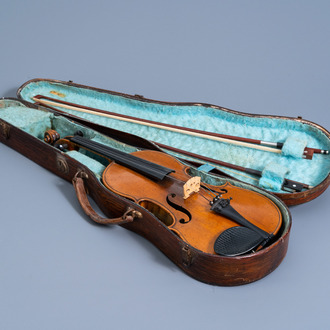 A German Schönbach violin with two bows and accompanying violin case, ca. 1900