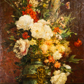 Ricardo Marti Aguilo (1868-1936): Nature morte aux fleurs avec perroquet, huile sur toile, daté 1891