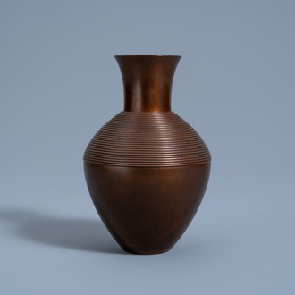 A Japanese brown patinated bronze ribbed shoulder vase, Living National Treasure Toyochika Takamura (1890-1972), Showa, 20th C.