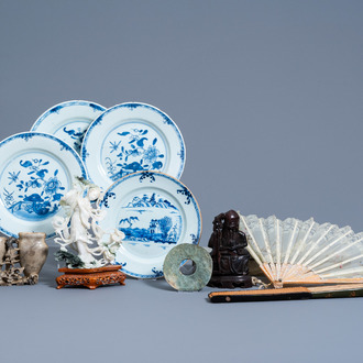 Three Chinese blue and white plates with floral design and one with a landscape, two fans, a bi disc and three stone sculptures, 18th C. and later
