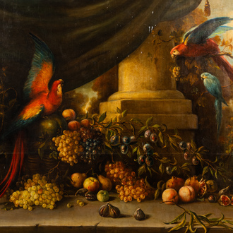Spanish school (1868-1936): A flower still life with parrots, oil on canvas, 19th/20th C.