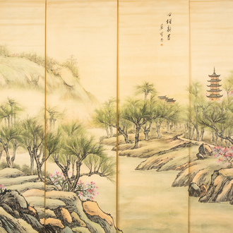 Chinese school, ink and colours on silk, 20th C.: A four-part continuous landscape with pagoda