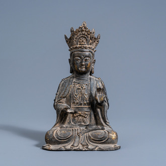 A Sino-Tibetan bronze figure of Buddha with traces of gilt decoration, 19th/20th C.
