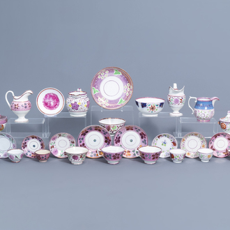 A varied collection of English pink lustreware items, 19th C.