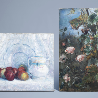 Belgian school (19th/20th C.): Still lifes with flowers and fruit, oil on canvas