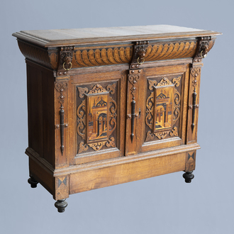 A Flemish oak wooden buffet dresser with architectural design and lion heads, partly 16th C. and later