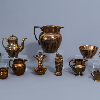 A varied collection of English monochrome copper lustreware items, 19th C.