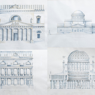 Italiaanse school: Een interessante serie van vier architecturale handingekleurde gravures, 19de eeuw