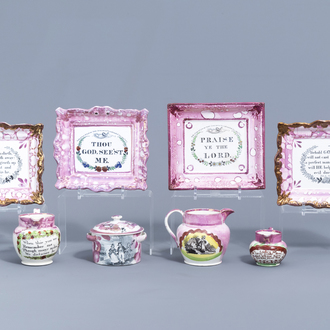 A varied collection of English pink lustreware items with texts, 19th C.