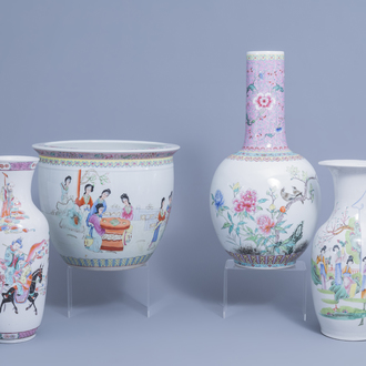 Three various Chinese famille rose vases and a jardinière with ladies on a terrace, 20th C.