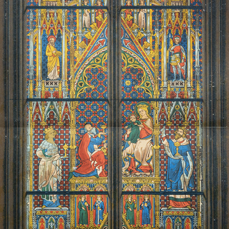 French school: 'Vitrail dans la cathédrale de Cologne - Adoration des mages', chromolithograph, 19th C.