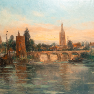 Romain Steppe (1859-1927): A view on Bruges from the water, oil on canvas