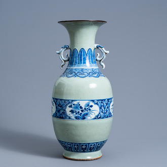 A Chinese blue and white celadon ground vase with floral design, 19th C.