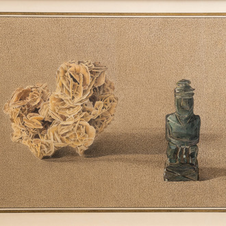 Michel Buylen (1953): Desert rose and a sculpture, mixed media on paper
