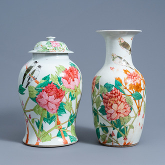 A Chinese qianjiang cai vase and a vase and cover with birds among blossoming branches, 19th/20th C.