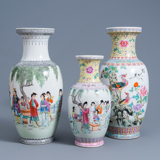 Three various Chinese famille rose vases with ladies in a garden and birds among blossoming branches, Republic, 20th C.