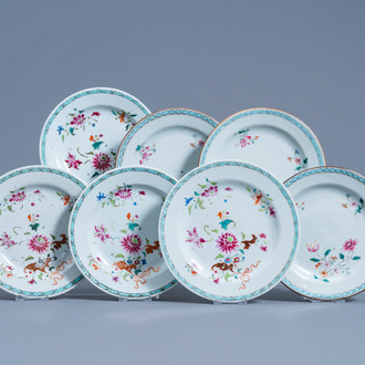 Seven Chinese famille rose saucer plates with floral design, Qianlong