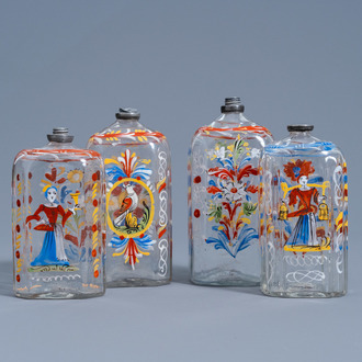 Four various German painted glass spirit flasks with floral design, 18th C.