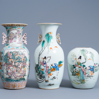 Two various Chinese famille rose vases and a ginger jar with a lady and children playing in a garden, 19th/20th C.