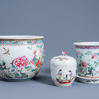 Two Chinese famille rose jardinières and a bowl and cover with ladies in a boat, 20th C
