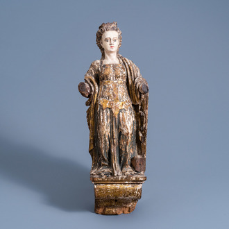 An Italian carved, polychrome painted and gilt wood figure of Saint Catherine of Alexandria, 17th C.