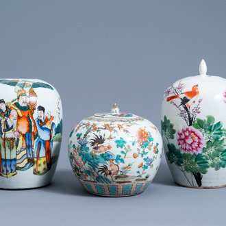 Three various Chinese famille rose and qianjiang cai jars and covers, 19th/20th C.