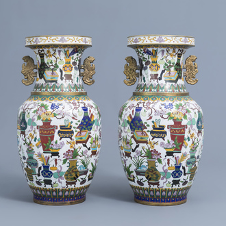 A pair of Chinese cloisonné 'antiquities' vases, ca. 1900