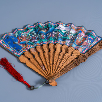 A Chinese painted paper and wood fan with a palace scene, Canton, 19th C.