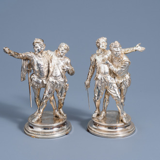 Emile Guillemin (1841-1907): Two groups depicting a Renaissance period drunk street fight, silver-plated bronze