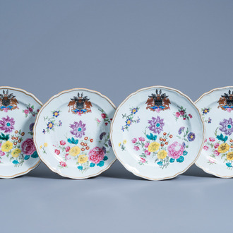 Four Chinese famille rose export porcelain armorial plates with floral design, Qianlong