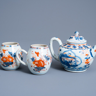 A Chinese Imari style teapot and cover and a pair of musterd jars with floral design, Qianlong