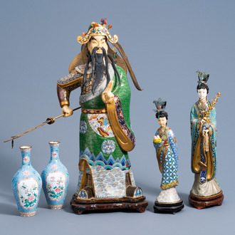 Three Chinese cloisonné figures and a pair of enamel vases with floral design, 20th C.