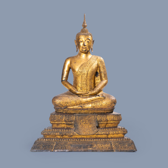 A large Thai gilt lacquered bronze figure of Buddha on a lotus throne, Rattanakosin, 19th C.