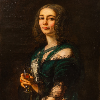 European school: Portrait of a lady in evening dress with an aperitif in her hand, 19th C.