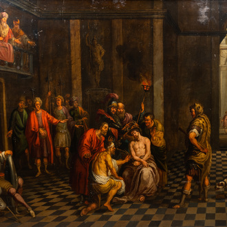 Flemish school, follower of Simon de Vos (1603-1676): The flagellation of Christ, oil on copper, 17th C.