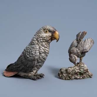 A Viennese polychrome cold painted bronze figure of an African grey parrot and a bird on a rock, 19th/20th C.