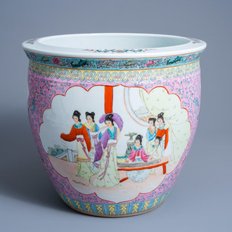 A Chinese famille rose jardinière with music making and dancing ladies, 20th C.