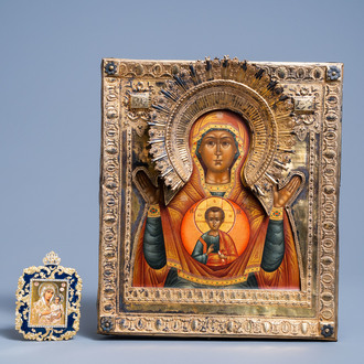 A Russian 'Mother of God of the Sign' icon with gilt silver oklad or riza, 19th C.