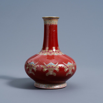 A Chinese sang de boeuf glazed vase with enamelled bats and fruits design, Qianlong mark, Republic, 20th C.