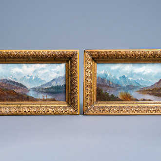 English school, monogrammed (G. Smith?): Two views on Lake Wakatipu and Lake Tekapo in New Zealand, oil on canvas, 19th C.