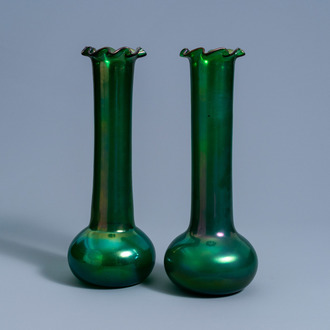 A pair of Bohemian Art Nouveau style iridescent green glass vases, 20th C.